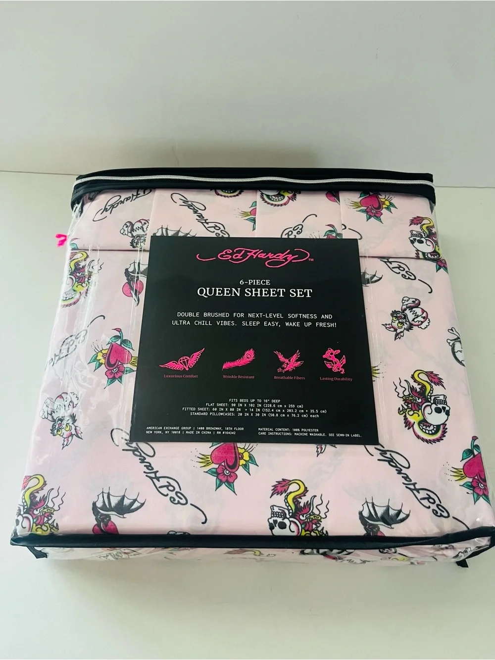 Ed Hardy Pink Queen Size Sheet Set DEH Bunny Skull & Crossbones Heart Flower Bat